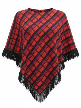 Vintage 70s’ Plaid Fringed Cape w Retro Geometric Check Pattern Pocho OS